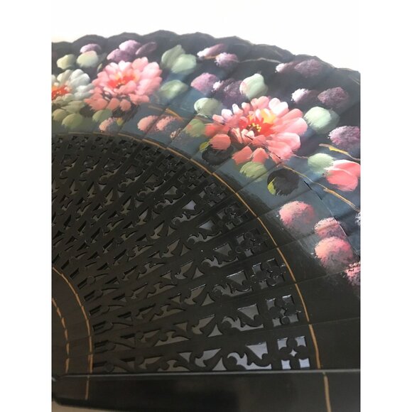 Vintage Hand Held Silk Paper Fan Signed By the Artist Black With Hand Painted - Picture 4 of 10